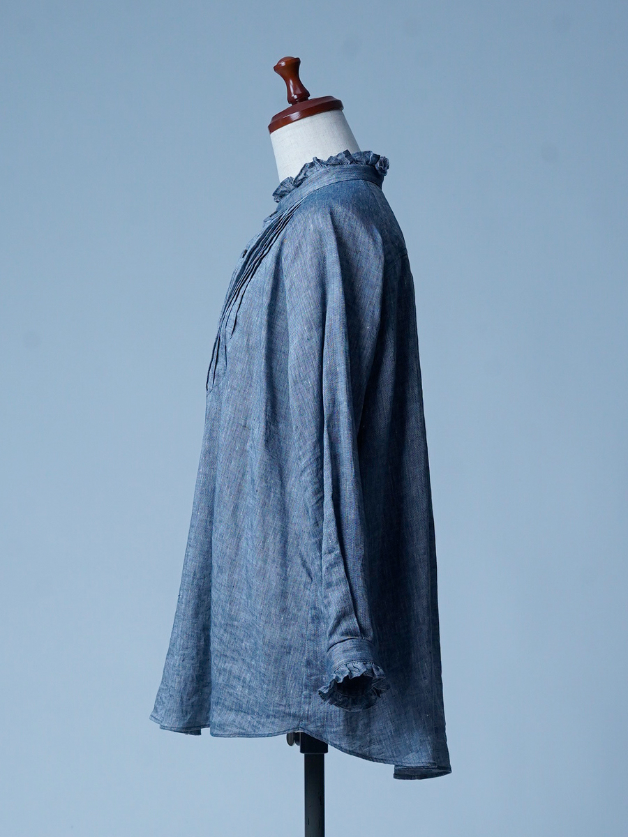 【サンプル作品】ピンタックフリル リネンシャンブレー ブラウス / ネイビー sample-c0124