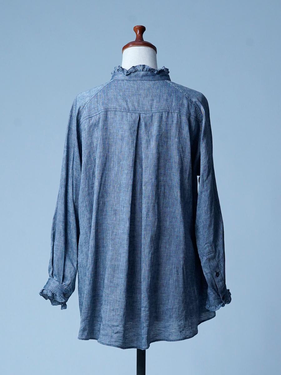 【サンプル作品】ピンタックフリル リネンシャンブレー ブラウス / ネイビー sample-c0124