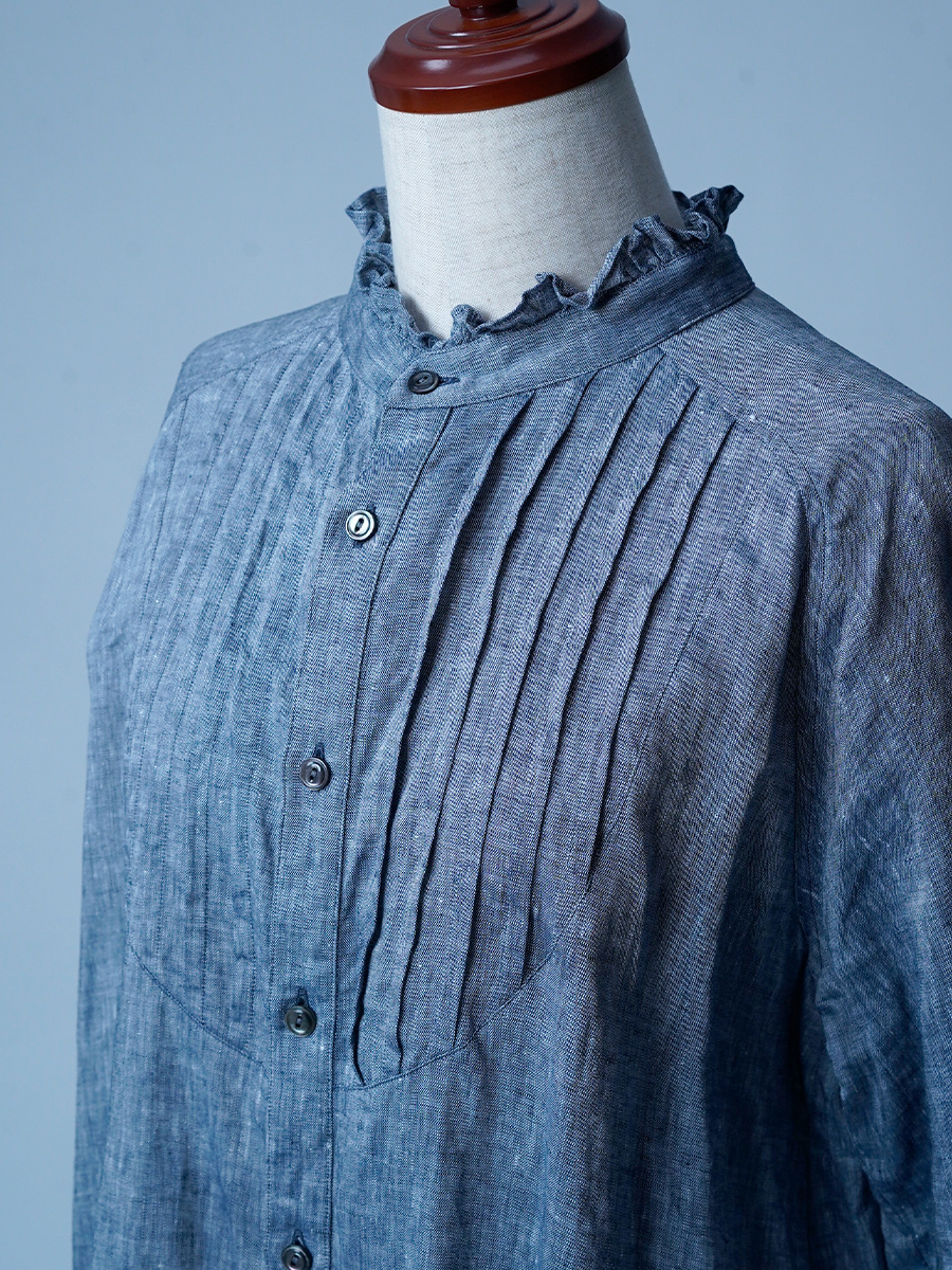 【サンプル作品】ピンタックフリル リネンシャンブレー ブラウス / ネイビー sample-c0124