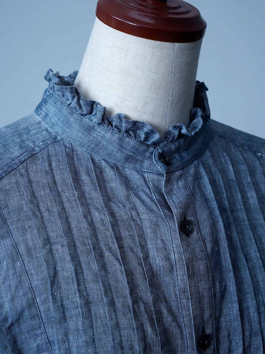 【サンプル作品】ピンタックフリル リネンシャンブレー ブラウス / ネイビー sample-c0124