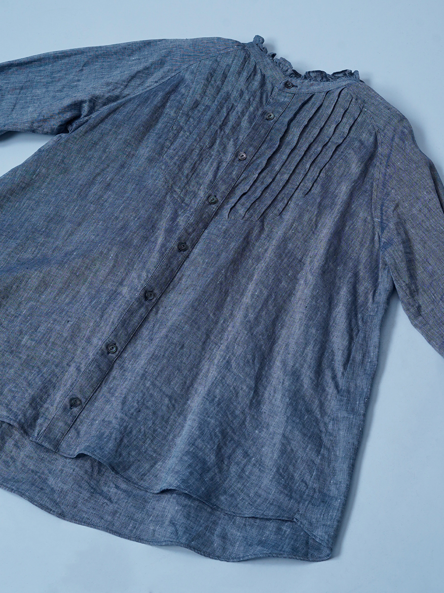 【サンプル作品】ピンタックフリル リネンシャンブレー ブラウス / ネイビー sample-c0124
