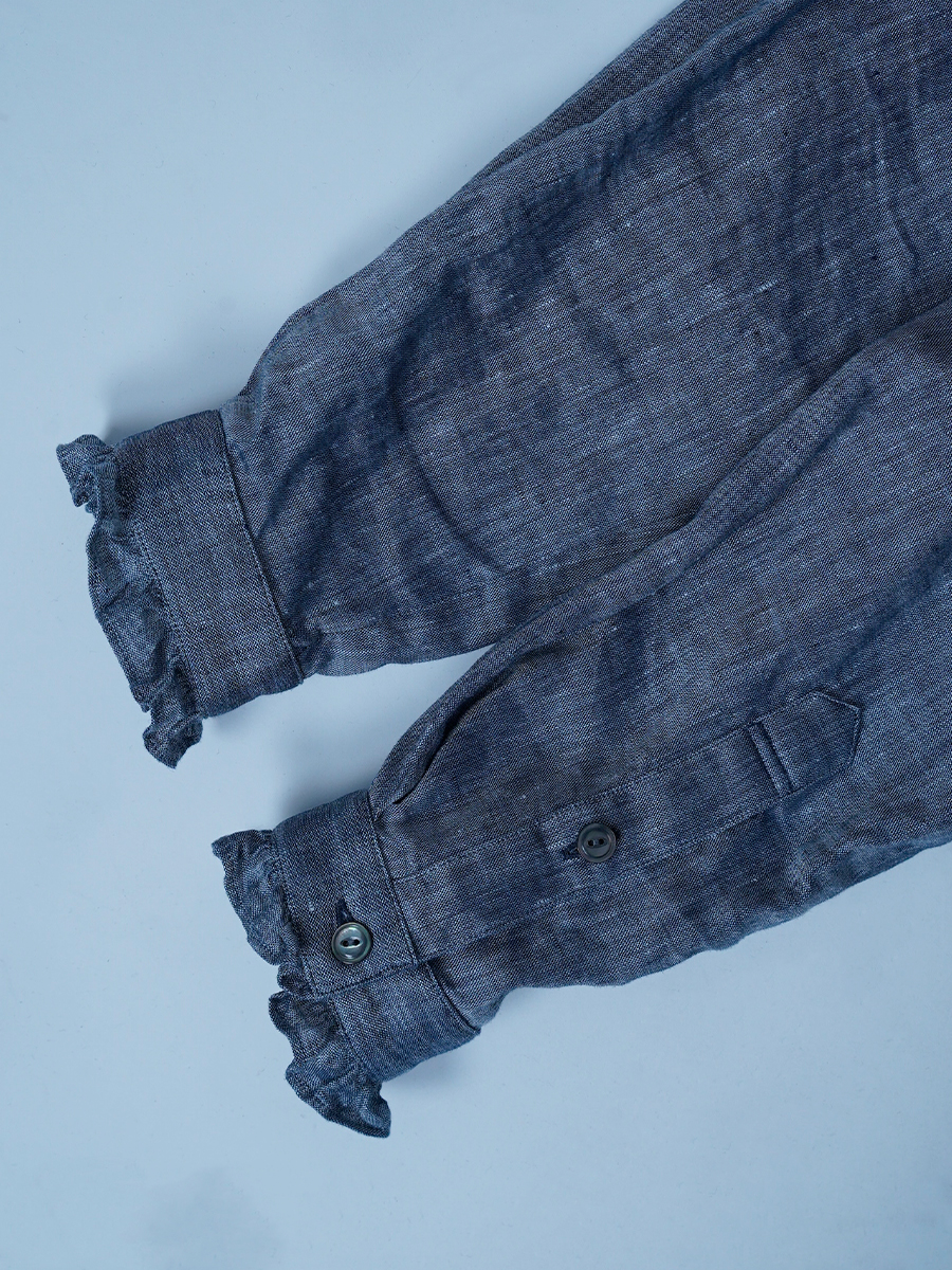 【サンプル作品】ピンタックフリル リネンシャンブレー ブラウス / ネイビー sample-c0124