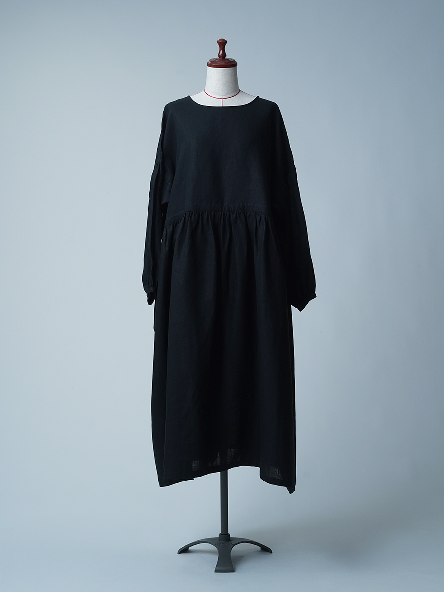【サンプル作品】ポワン袖 リネンドレス / 黒色 sample-c0135