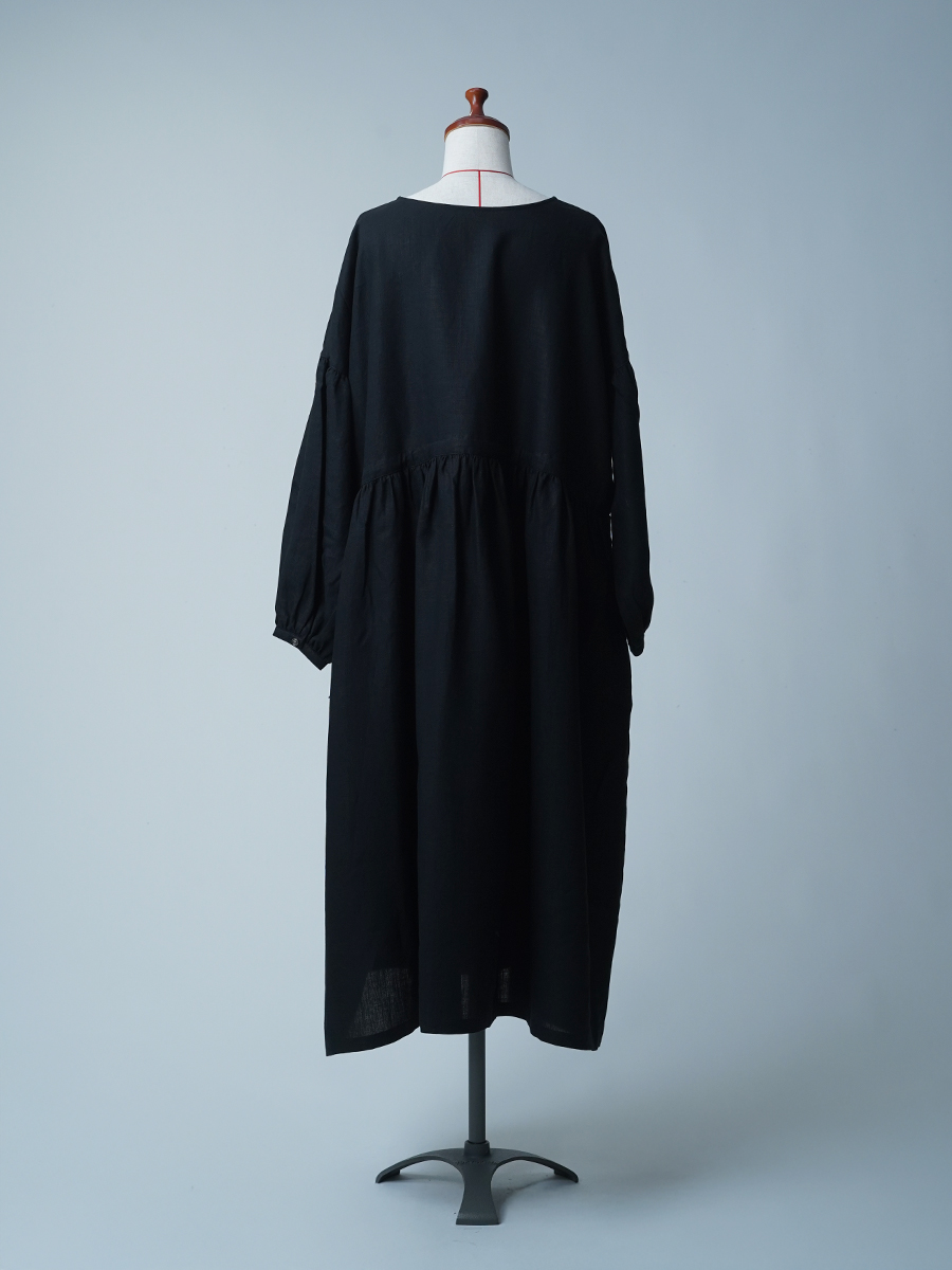 【サンプル作品】ポワン袖 リネンドレス / 黒色 sample-c0135