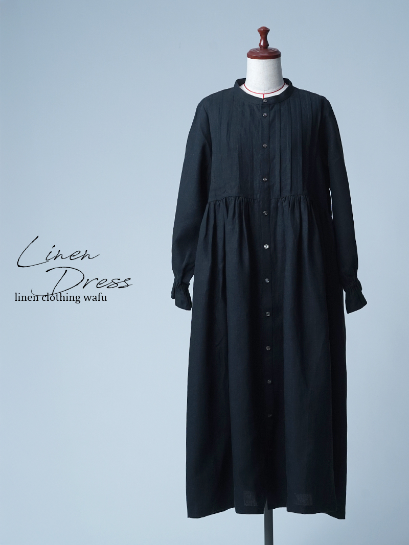 サンプル作品】ピンタック 前ボタン リネン2wayドレス / 黒色 sample-c0152