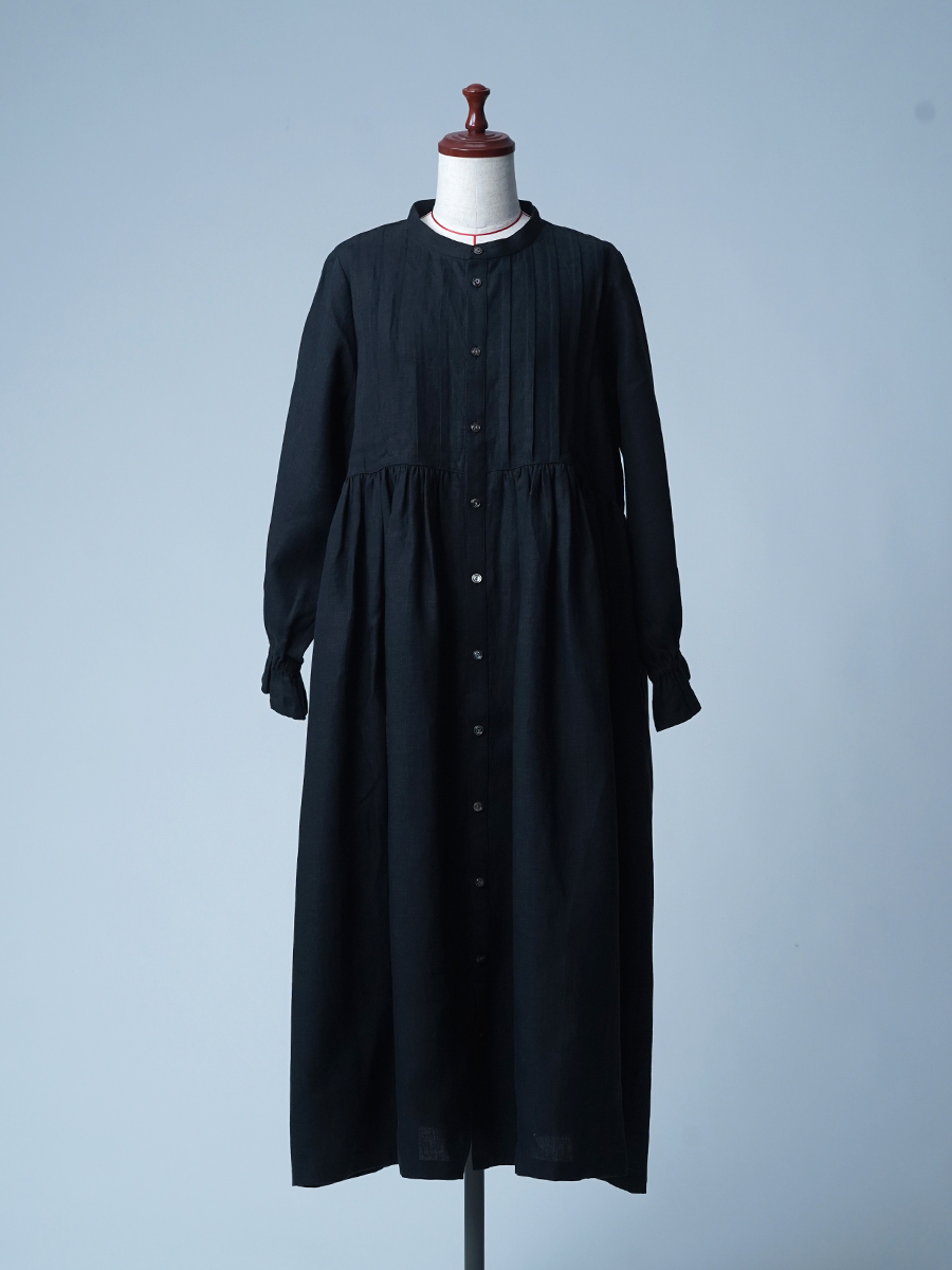 サンプル作品】ピンタック 前ボタン リネン2wayドレス / 黒色 sample-c0152