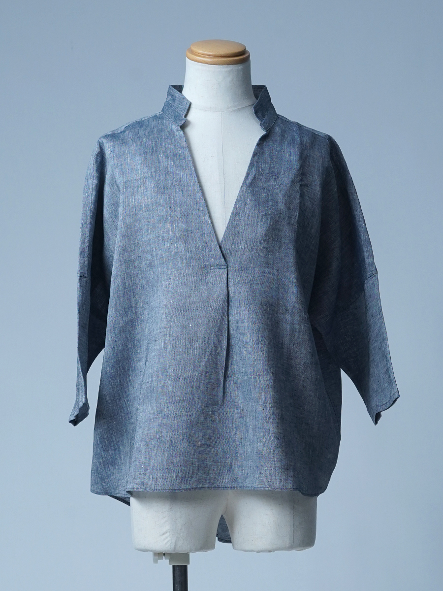 【サンプル作品】 大きなVネック リネンシャンブレー ブラウス/ ネイビー sample-c0171