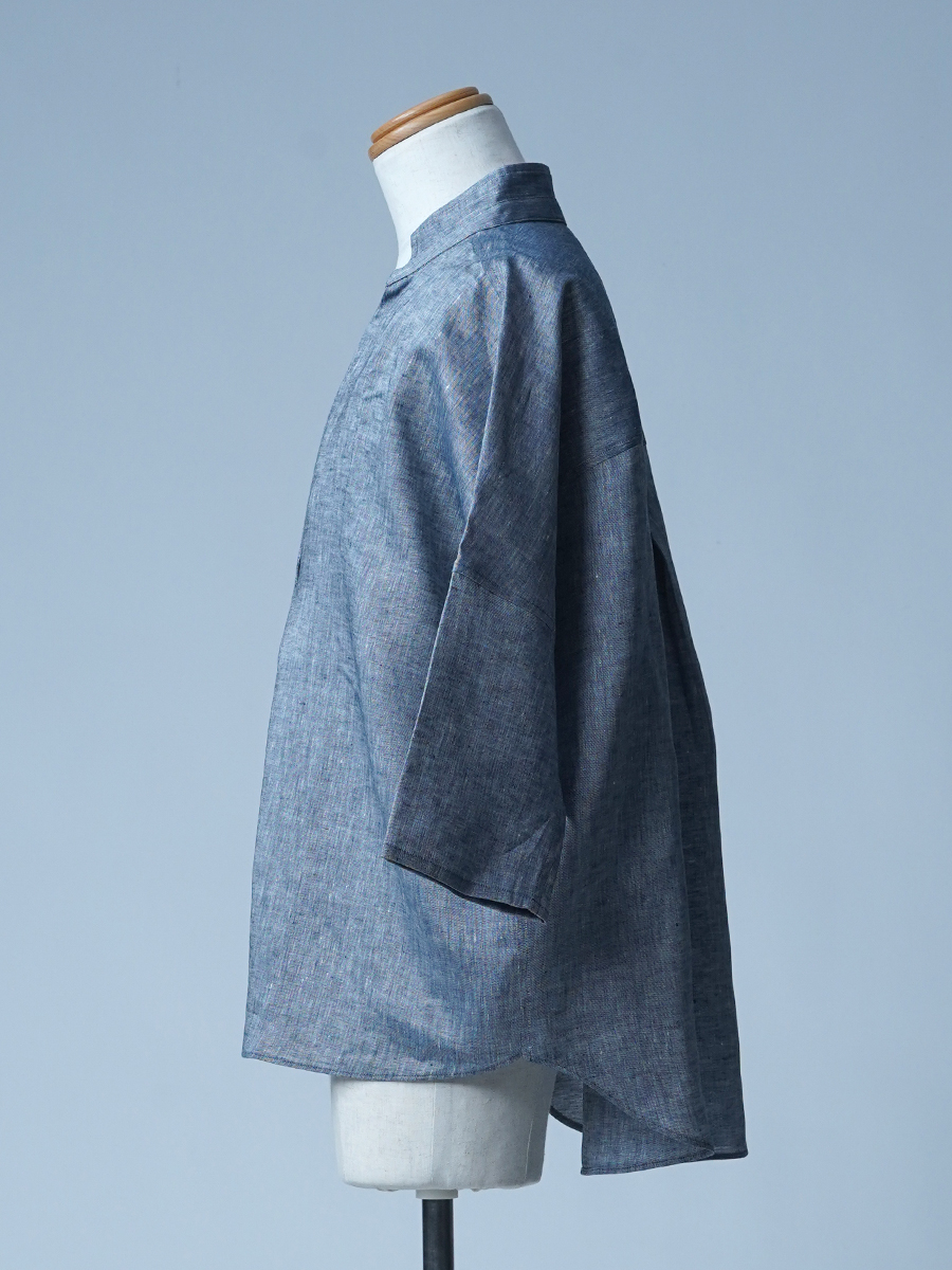 【サンプル作品】 大きなVネック リネンシャンブレー ブラウス/ ネイビー sample-c0171