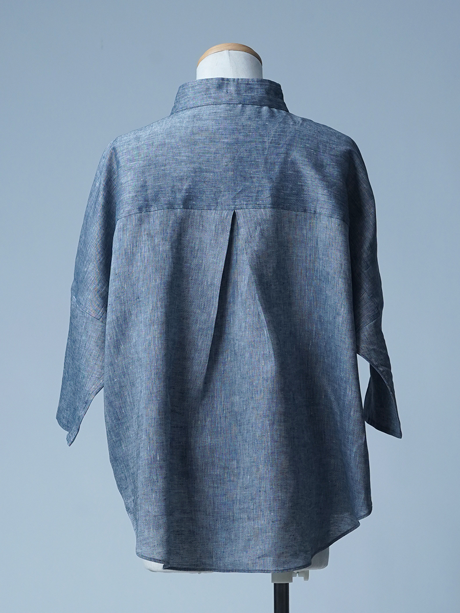 【サンプル作品】 大きなVネック リネンシャンブレー ブラウス/ ネイビー sample-c0171