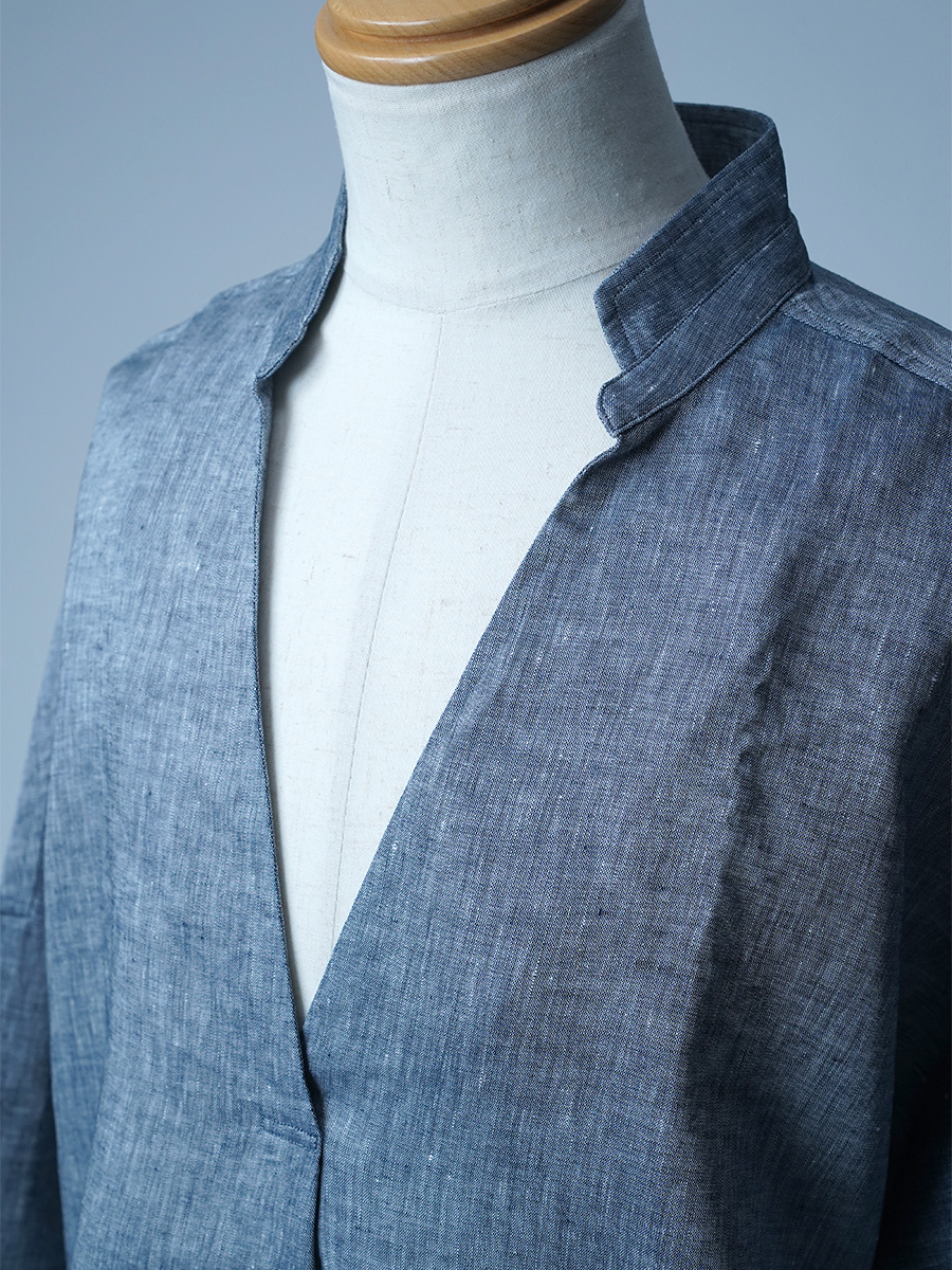 【サンプル作品】 大きなVネック リネンシャンブレー ブラウス/ ネイビー sample-c0171