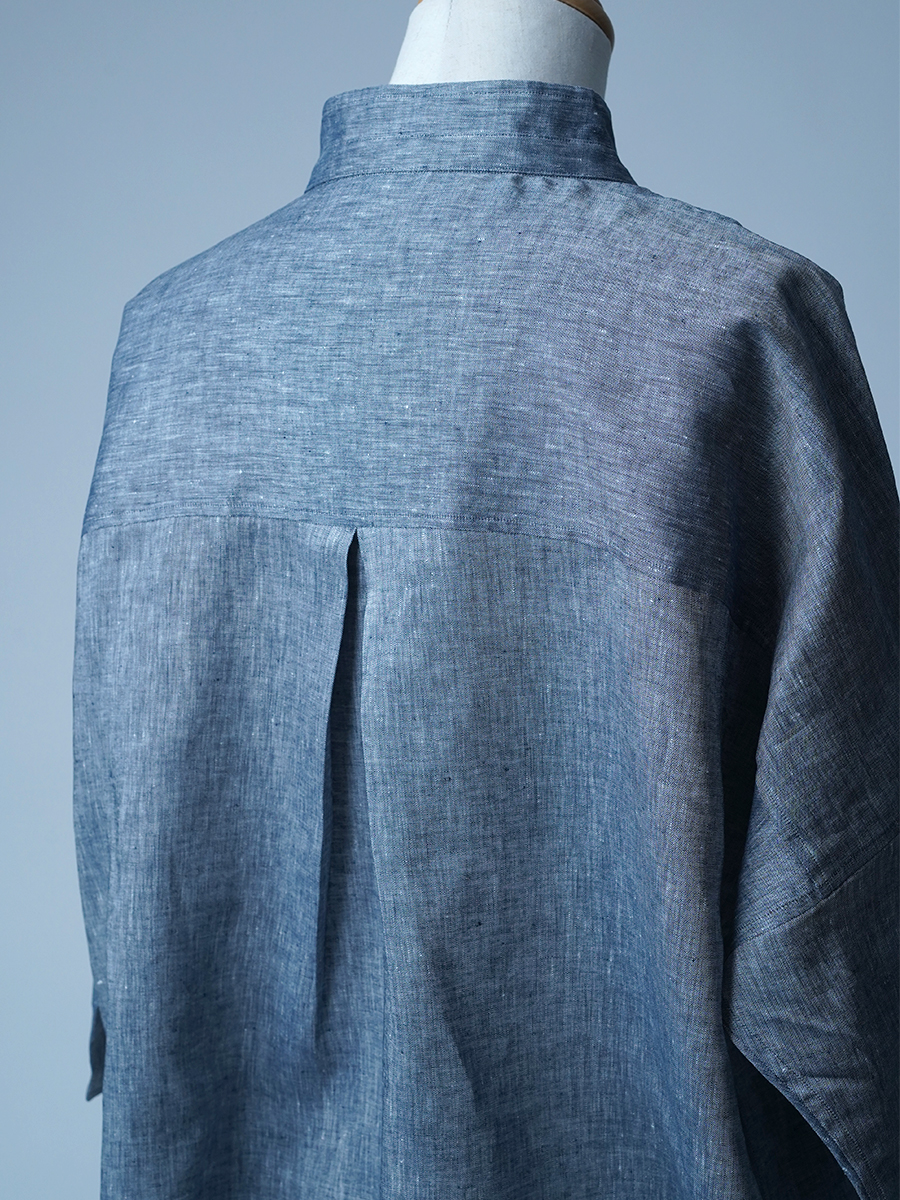 【サンプル作品】 大きなVネック リネンシャンブレー ブラウス/ ネイビー sample-c0171