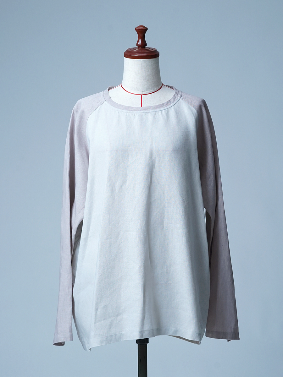 【見本品/Lサイズ】リネン バイカラー ラグラントップス 長袖 クルーネック / 白花色×灰桜 sample-d0245