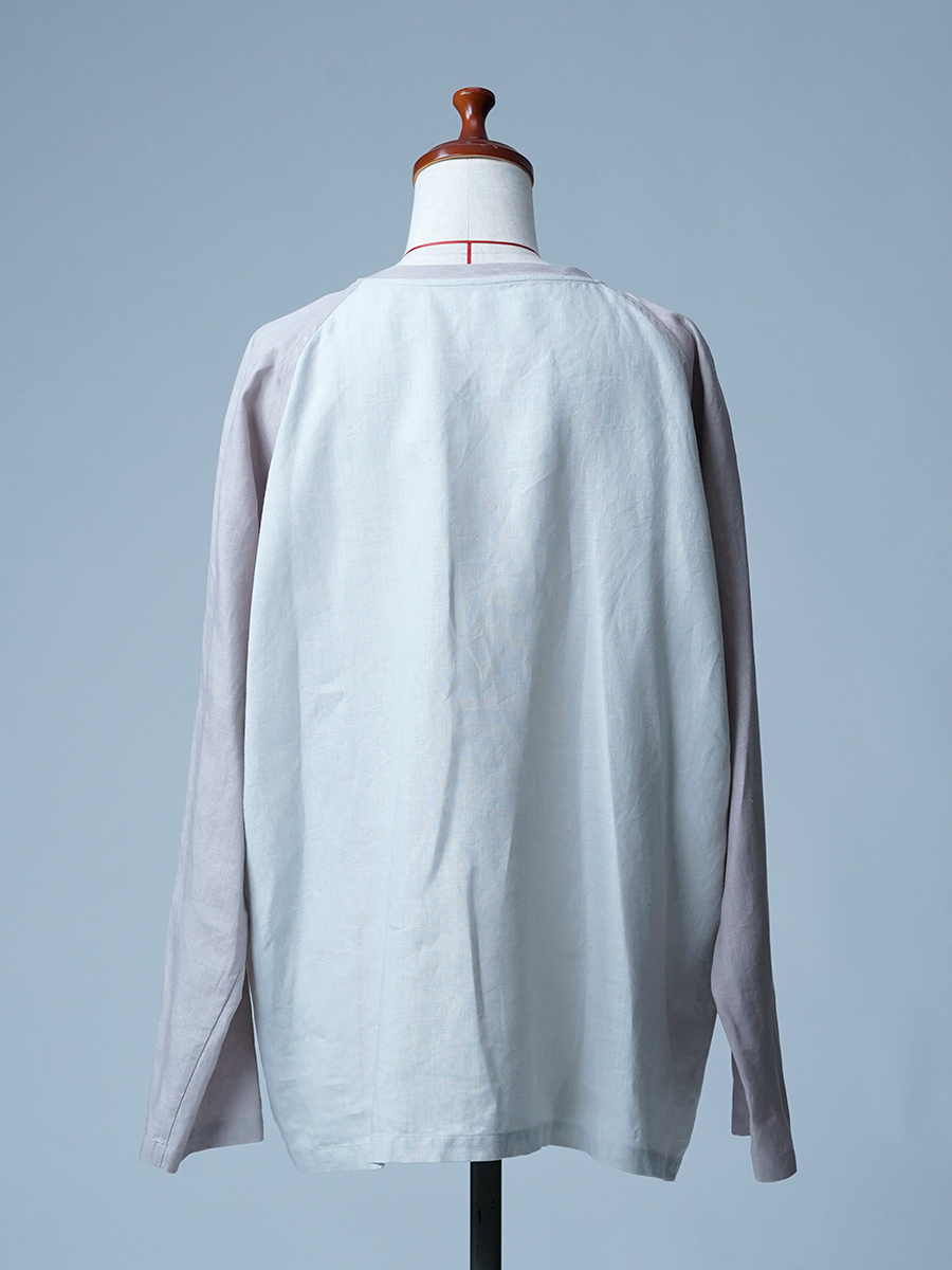 【見本品/Lサイズ】リネン バイカラー ラグラントップス 長袖 クルーネック / 白花色×灰桜 sample-d0245