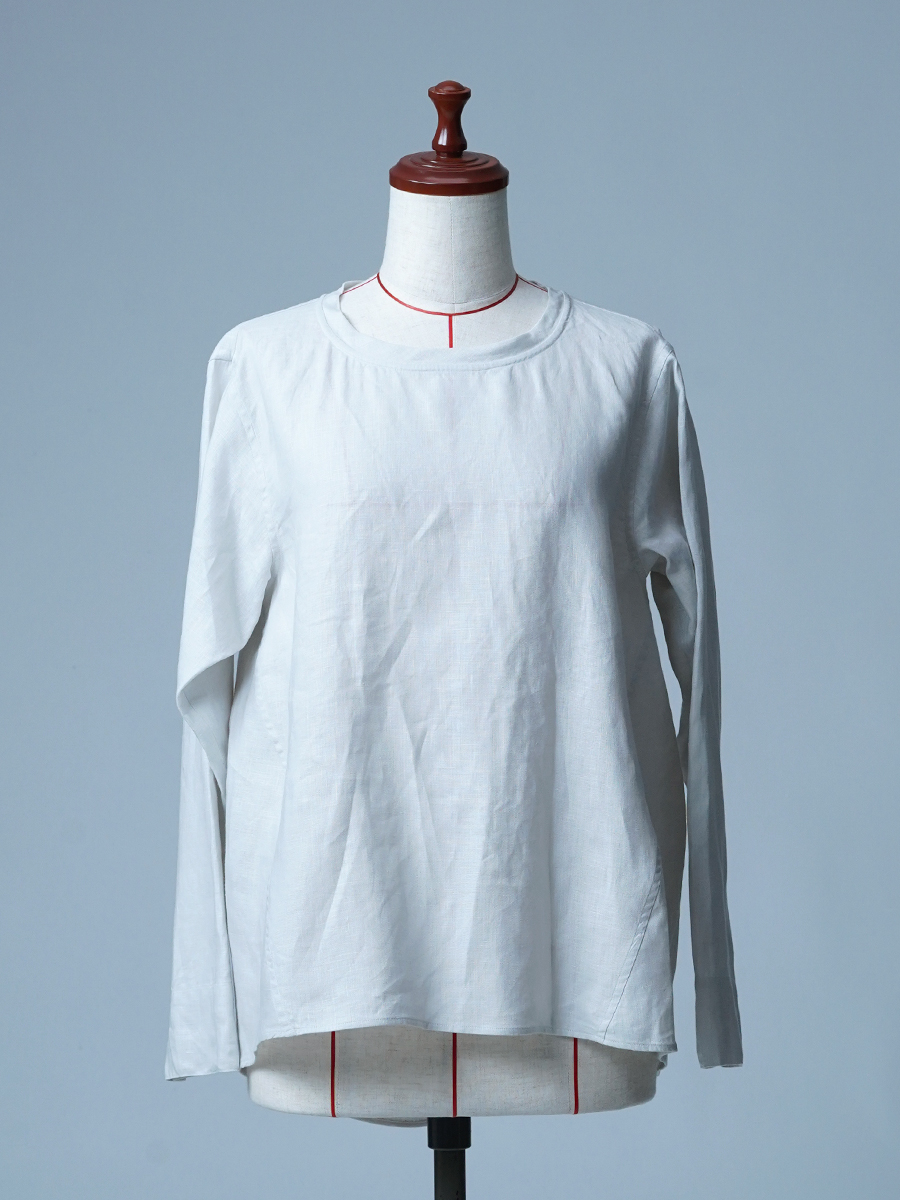 【見本品】リネントップス 後ろギャザー Aライン 長袖トップス / 白花色 sample-d0247