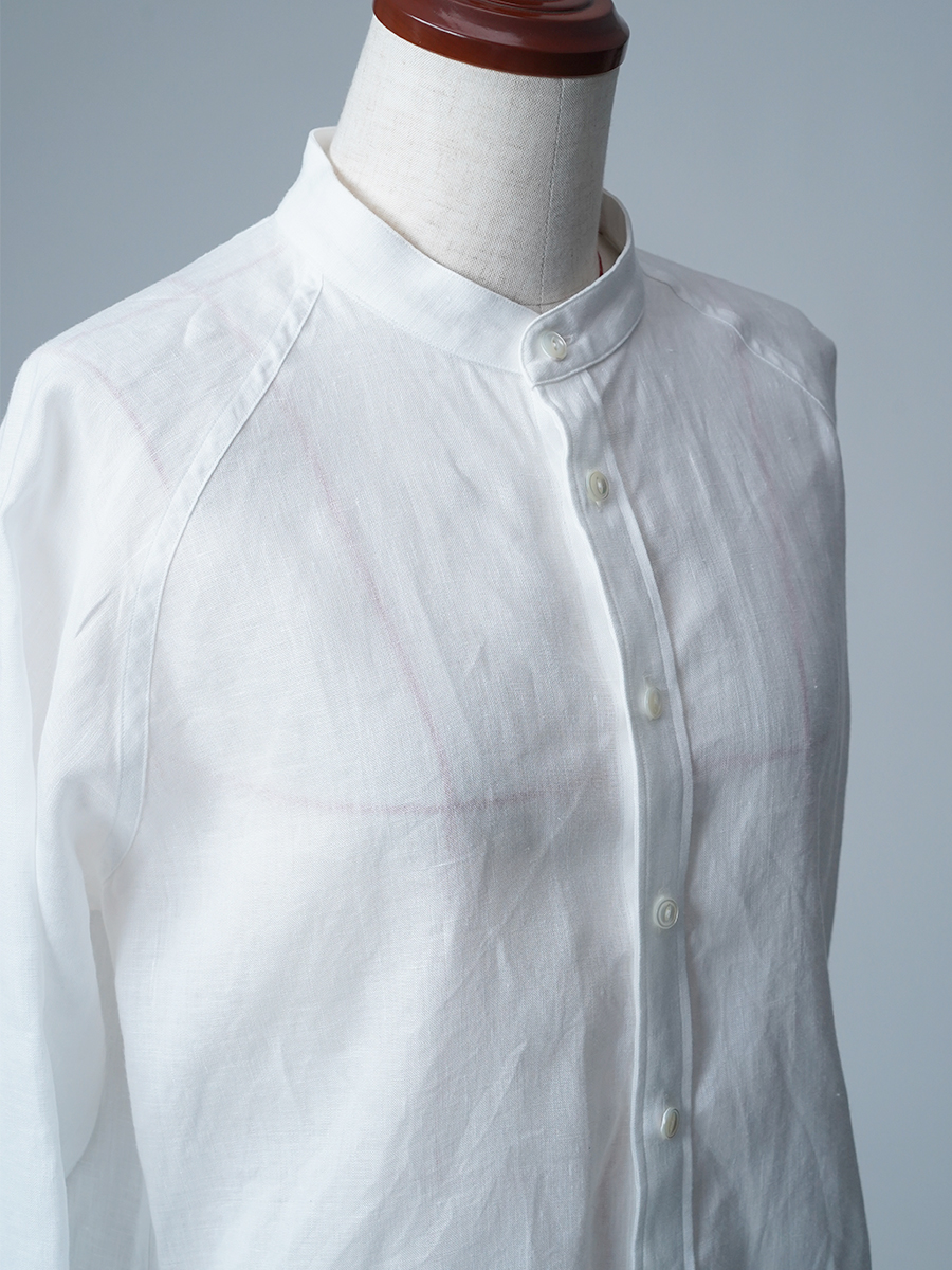 【見本品/Sサイズ】リネンシャツ ラグラン スタンドカラーシャツ / 白色 sample-d0276