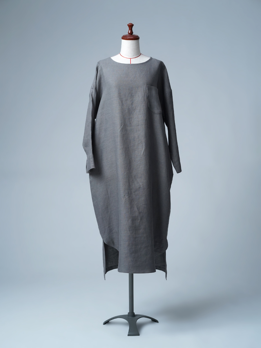 【見本品】リネンワンピース 裾変形スリット入り ロングワンピース / 鈍色(にびいろ) sample-d0282