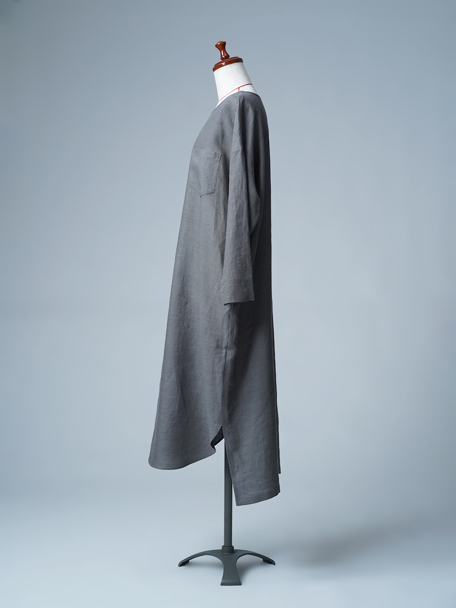 【見本品】リネンワンピース 裾変形スリット入り ロングワンピース / 鈍色(にびいろ) sample-d0282