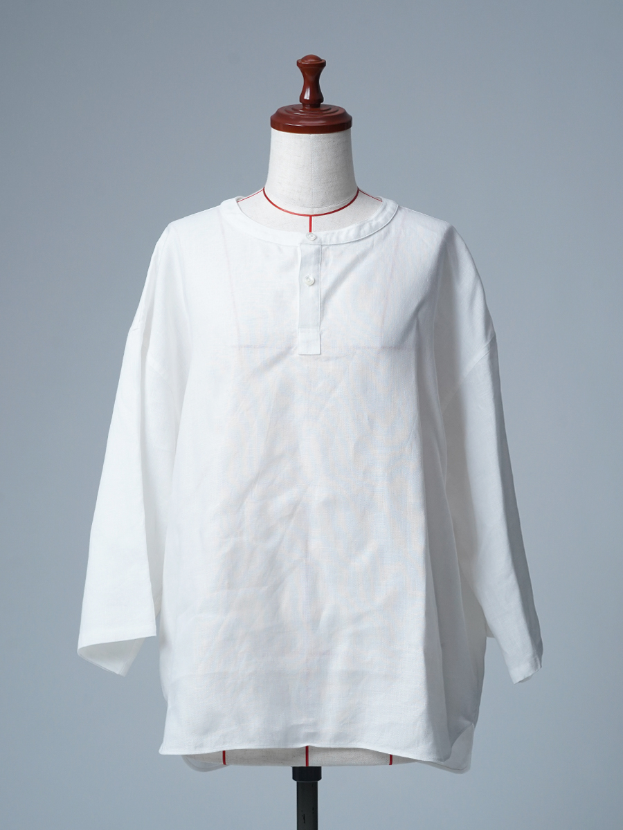 【見本品/Lサイズ】リネンシャツ ヘンリーネック 7分袖 / 白色 sample-d287