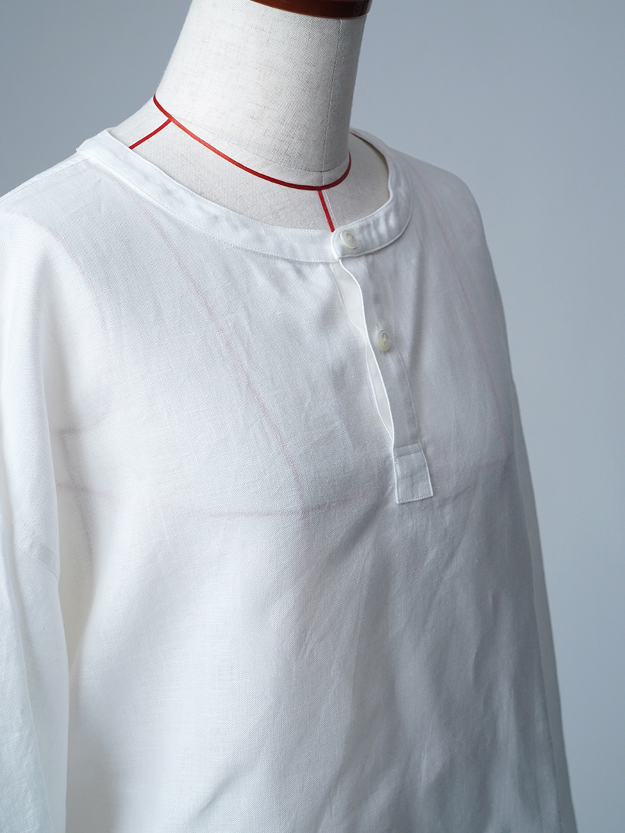 【見本品/Lサイズ】リネンシャツ ヘンリーネック 7分袖 / 白色 sample-d287