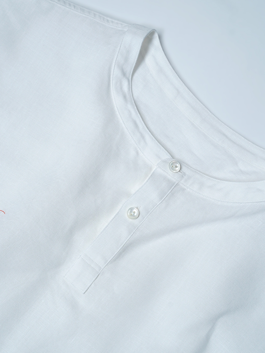 【見本品/Lサイズ】リネンシャツ ヘンリーネック 7分袖 / 白色 sample-d287