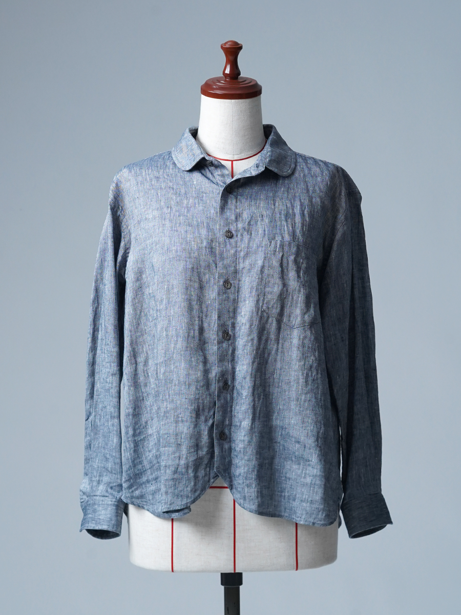 【見本品/Mサイズ】リネンシャツ リネンシャンブレー 丸衿シャツ / ネイビー sample-d0328
