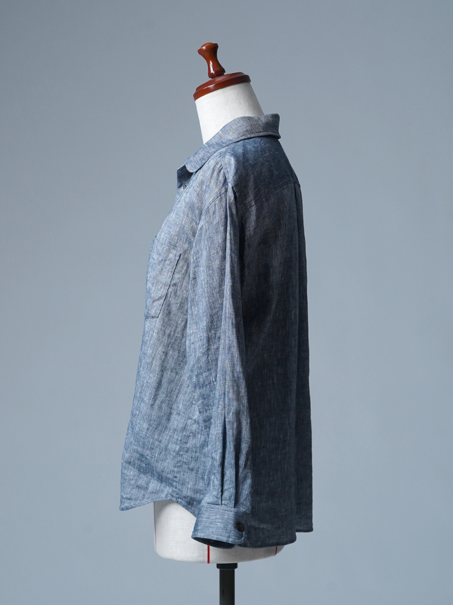 【見本品/Mサイズ】リネンシャツ リネンシャンブレー 丸衿シャツ / ネイビー sample-d0328