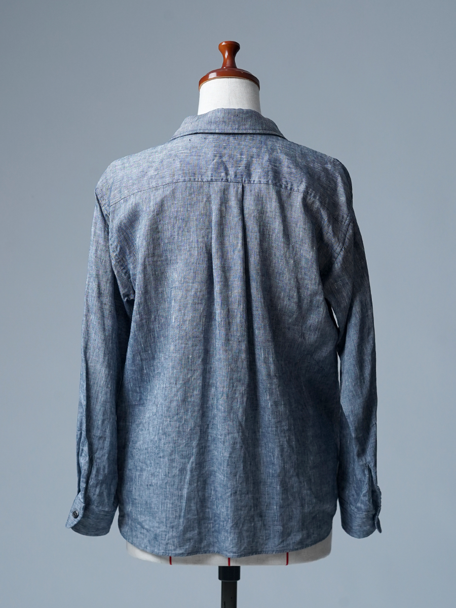 【見本品/Mサイズ】リネンシャツ リネンシャンブレー 丸衿シャツ / ネイビー sample-d0328