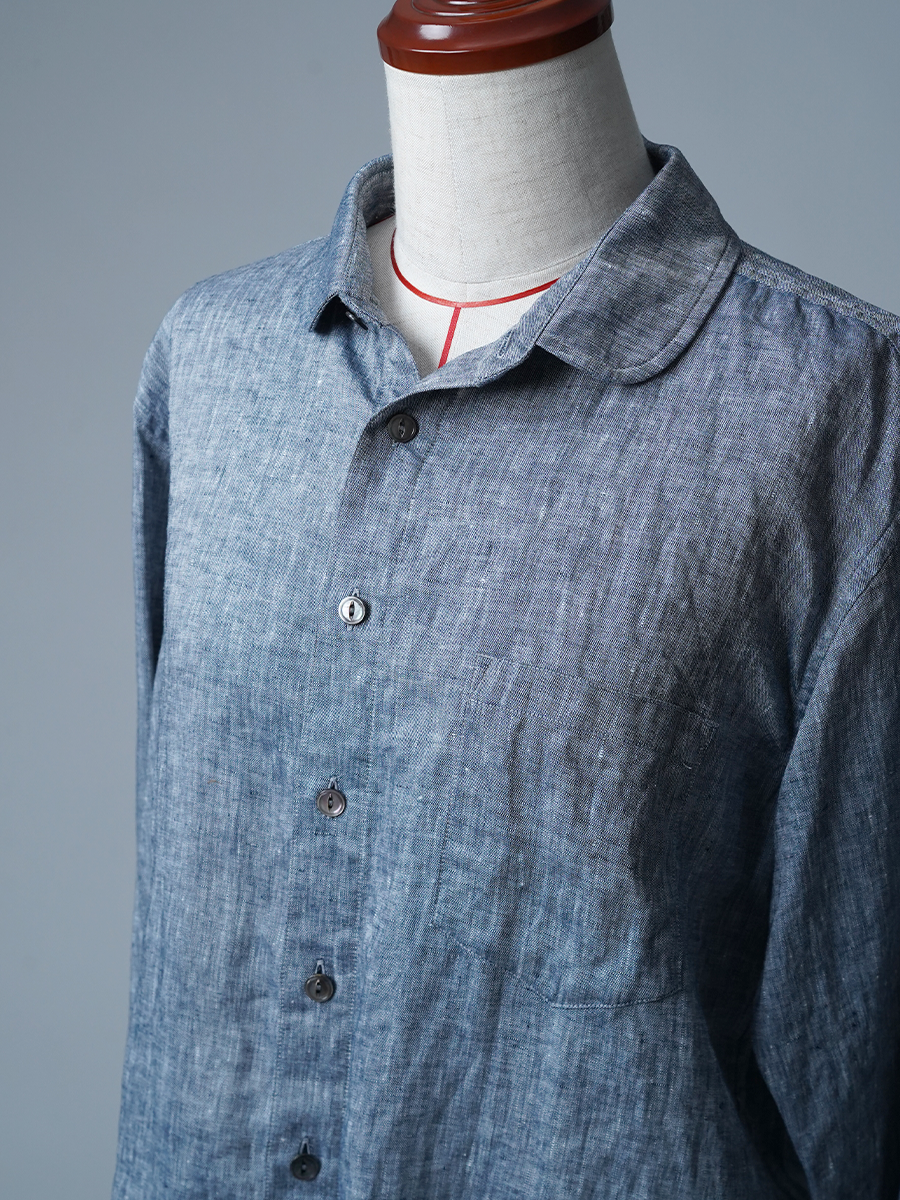 【見本品/Mサイズ】リネンシャツ リネンシャンブレー 丸衿シャツ / ネイビー sample-d0328
