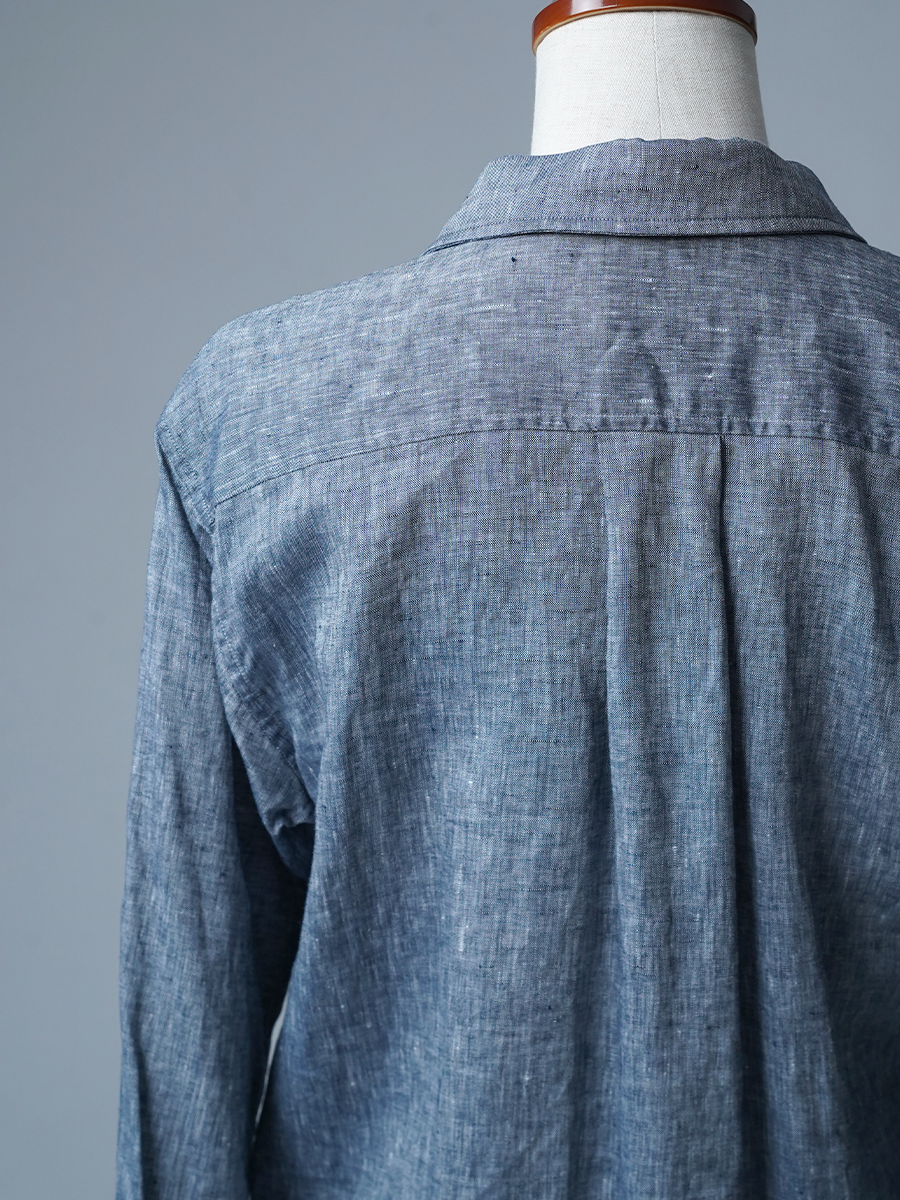 【見本品/Mサイズ】リネンシャツ リネンシャンブレー 丸衿シャツ / ネイビー sample-d0328