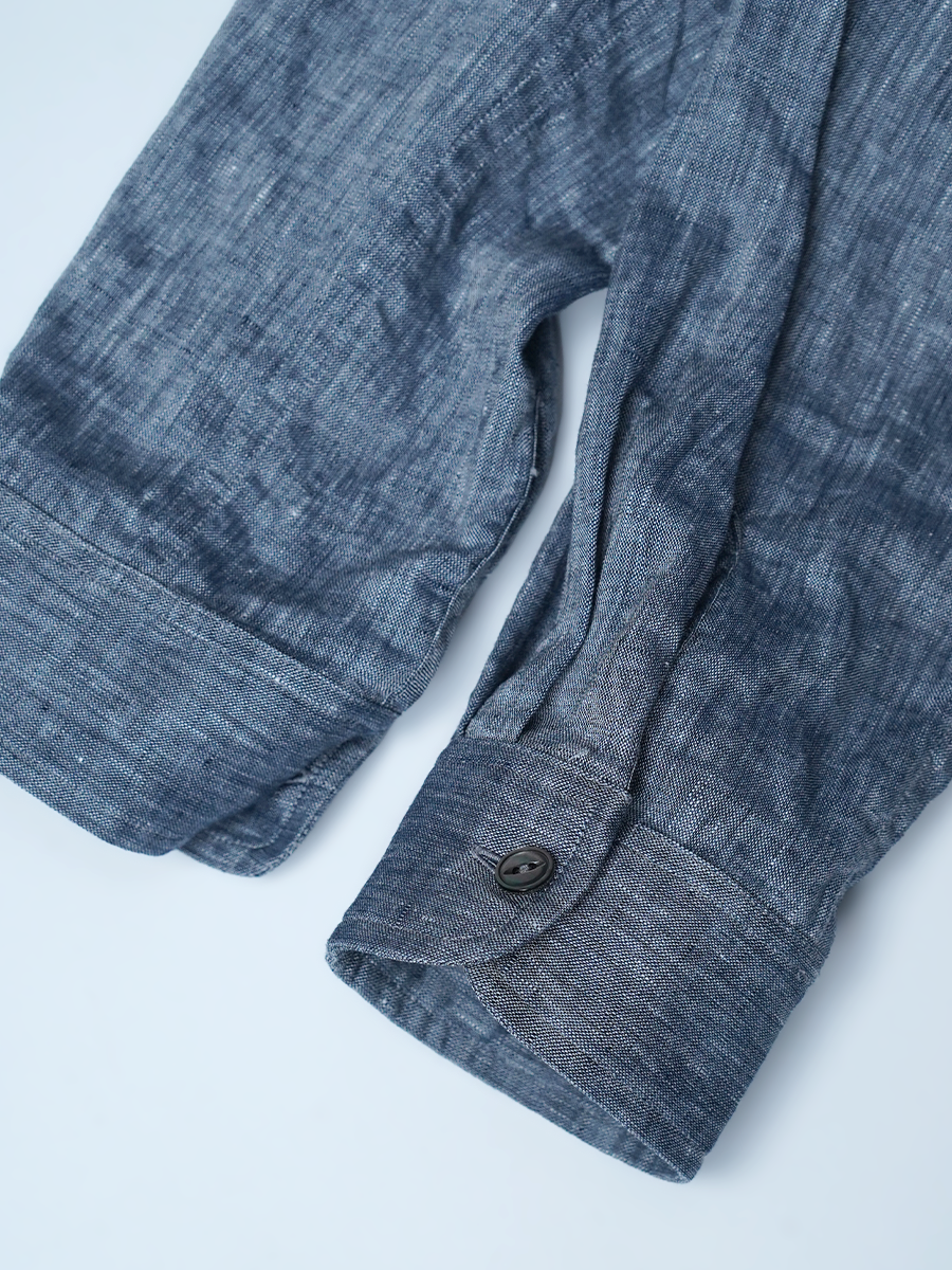 【見本品/Mサイズ】リネンシャツ リネンシャンブレー 丸衿シャツ / ネイビー sample-d0328