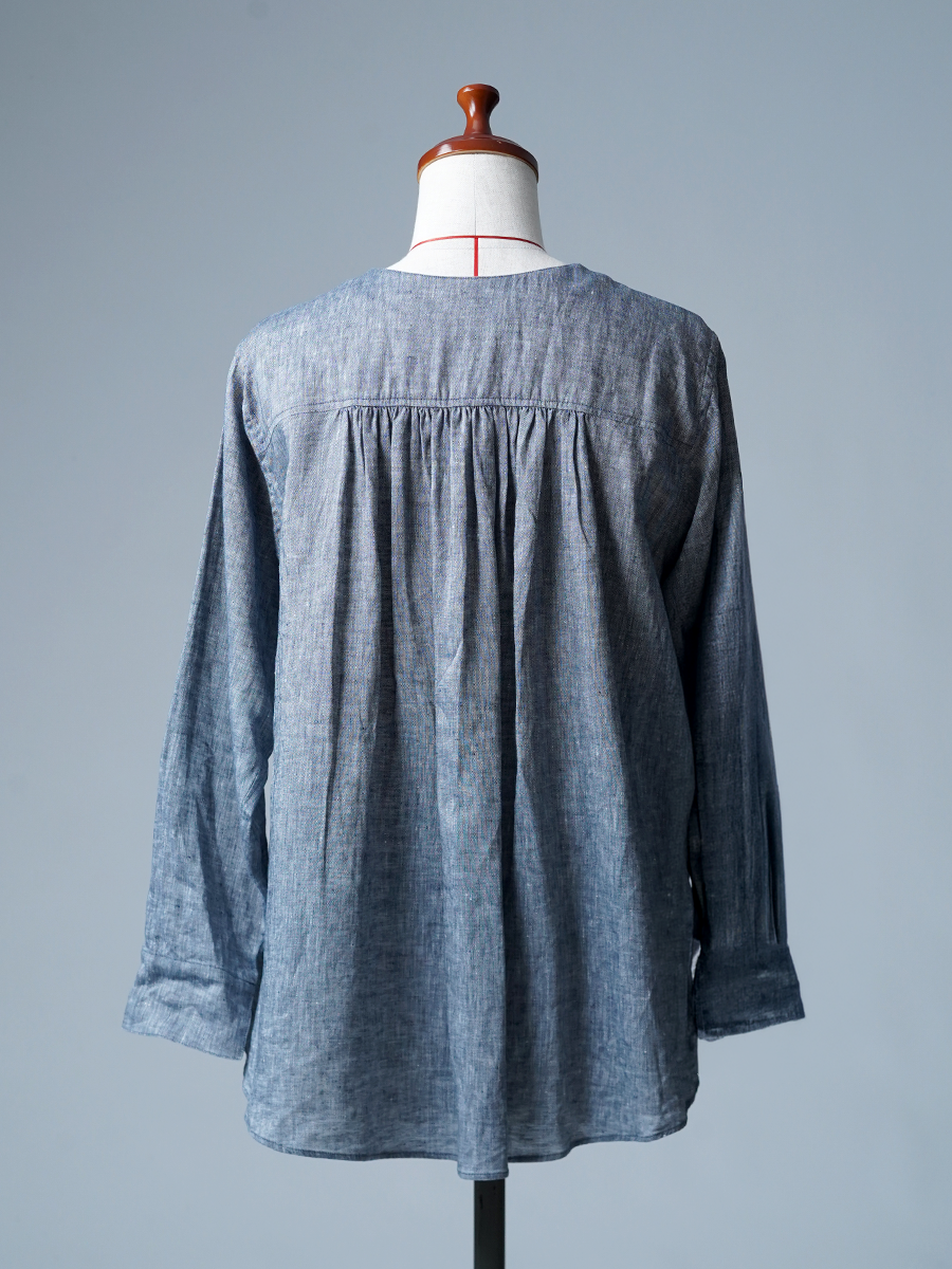 【見本品】リネンカーディガン リネンシャンブレー 丸首 カーディガン / ネイビー sample-d0334