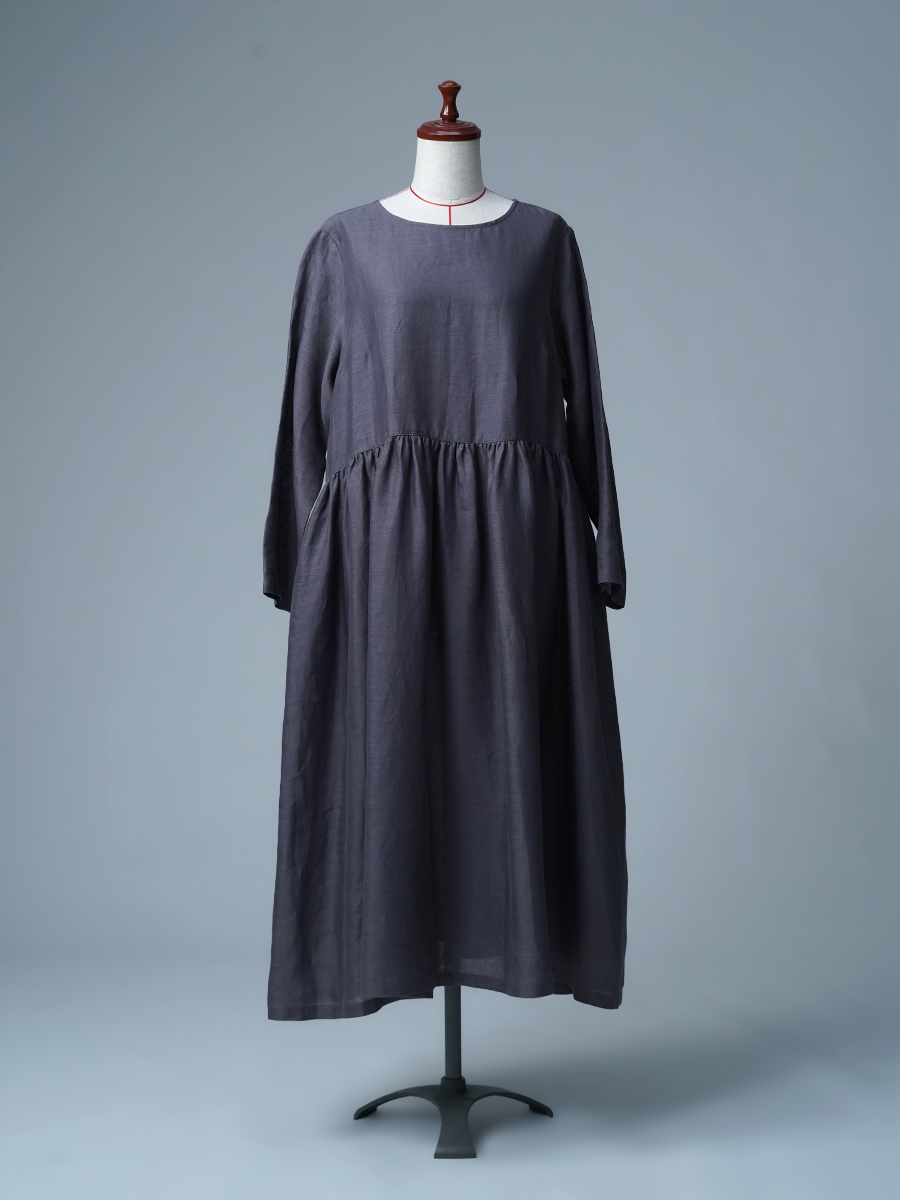 【見本品】リネンドレス ギャザーワンピース 長袖 / 墨色(すみいろ) sample-d0415