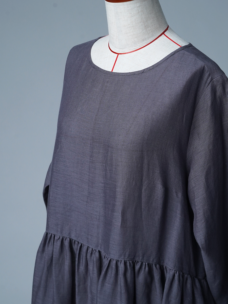 【見本品】リネンドレス ギャザーワンピース 長袖 / 墨色(すみいろ) sample-d0415