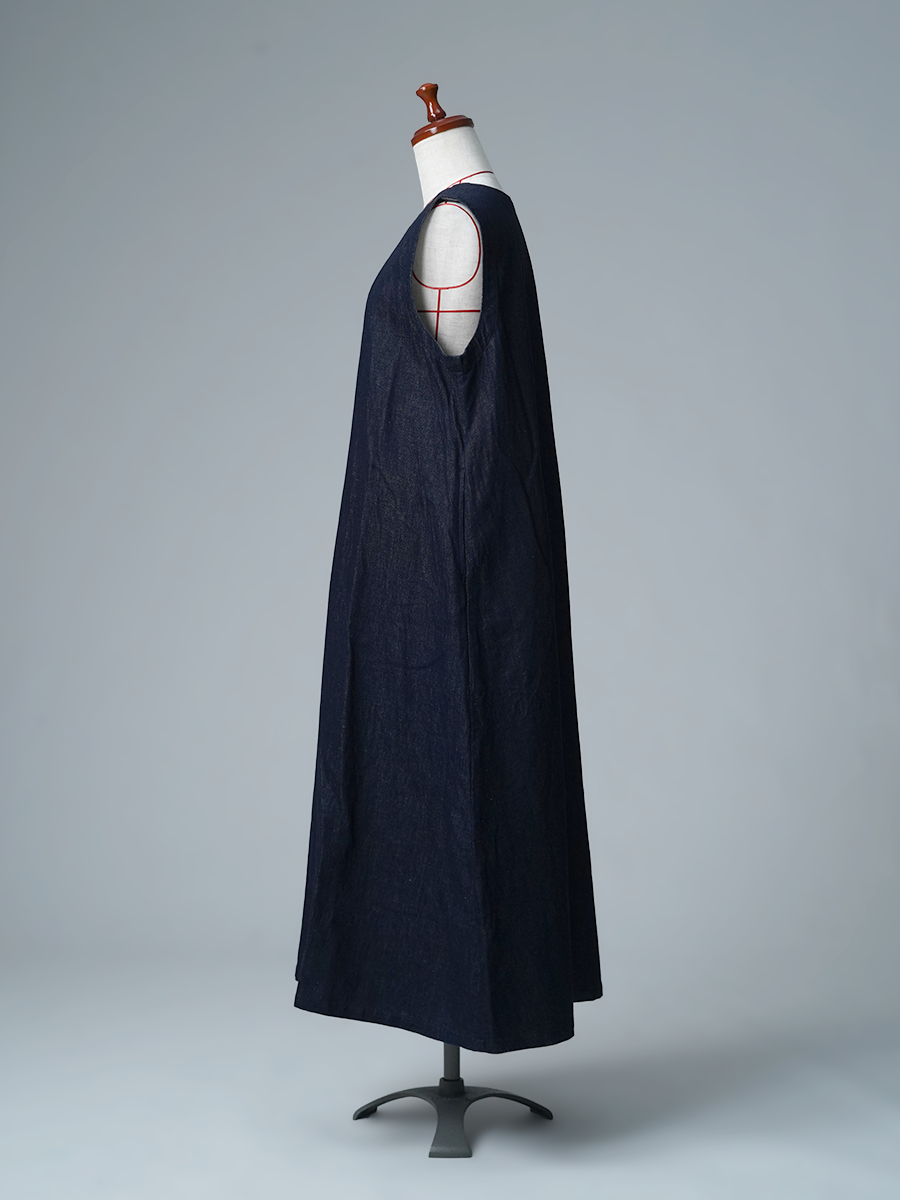 【見本品】リネンデニム ジャンパースカート Vネック ロングワンピース / ダークインディゴ sample-d0446