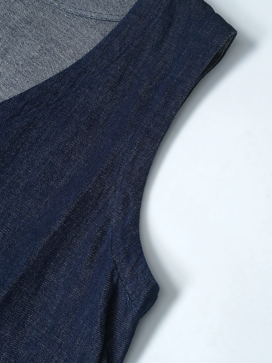 【見本品】リネンデニム ジャンパースカート Vネック ロングワンピース / ダークインディゴ sample-d0446