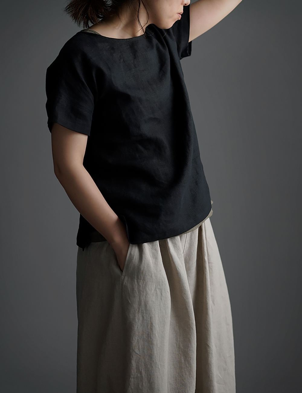 【wafu】Linen T-shirt ドロップショルダー Tシャツ　/黒色 t001l-bck1