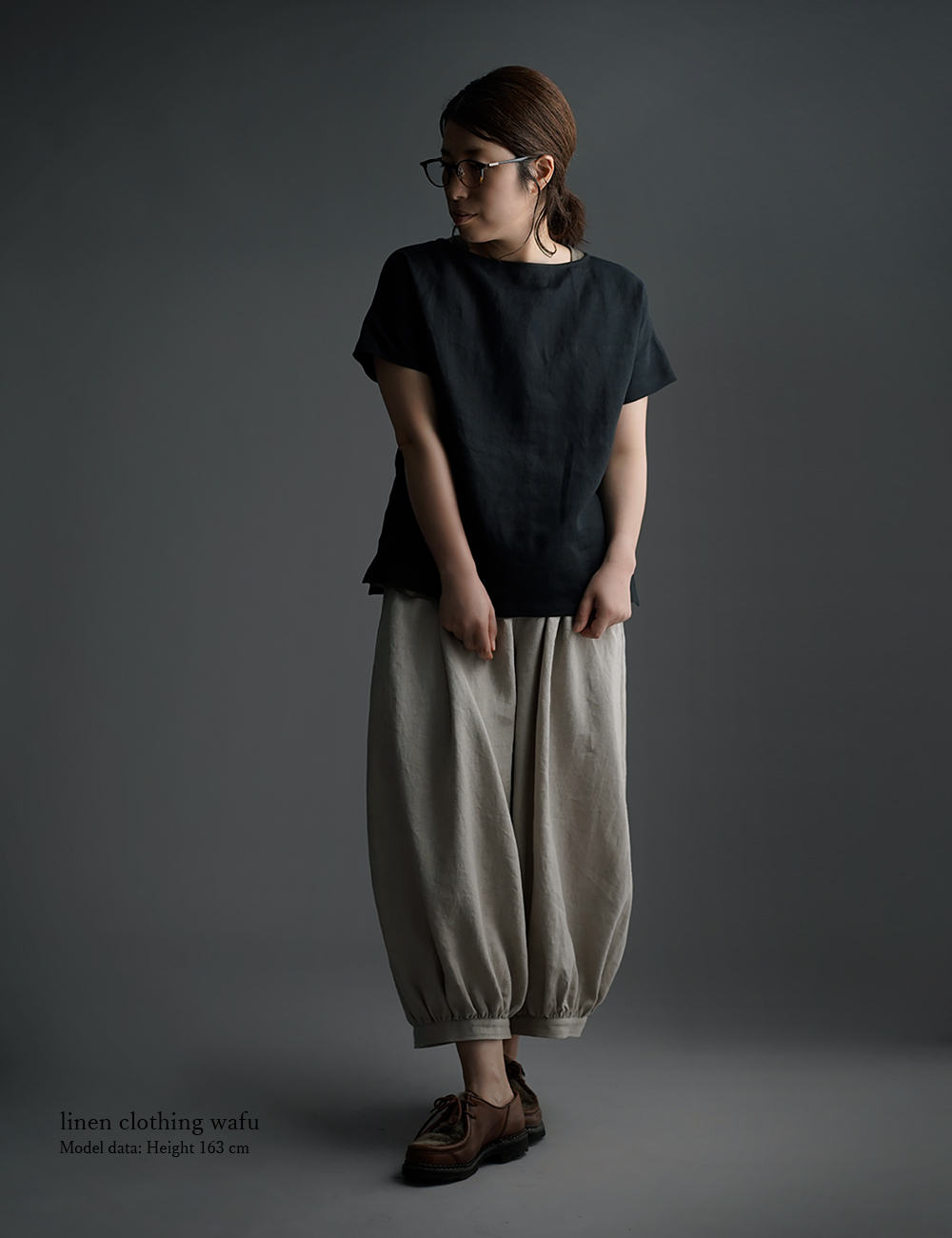 【wafu】Linen T-shirt ドロップショルダー Tシャツ　/黒色 t001l-bck1