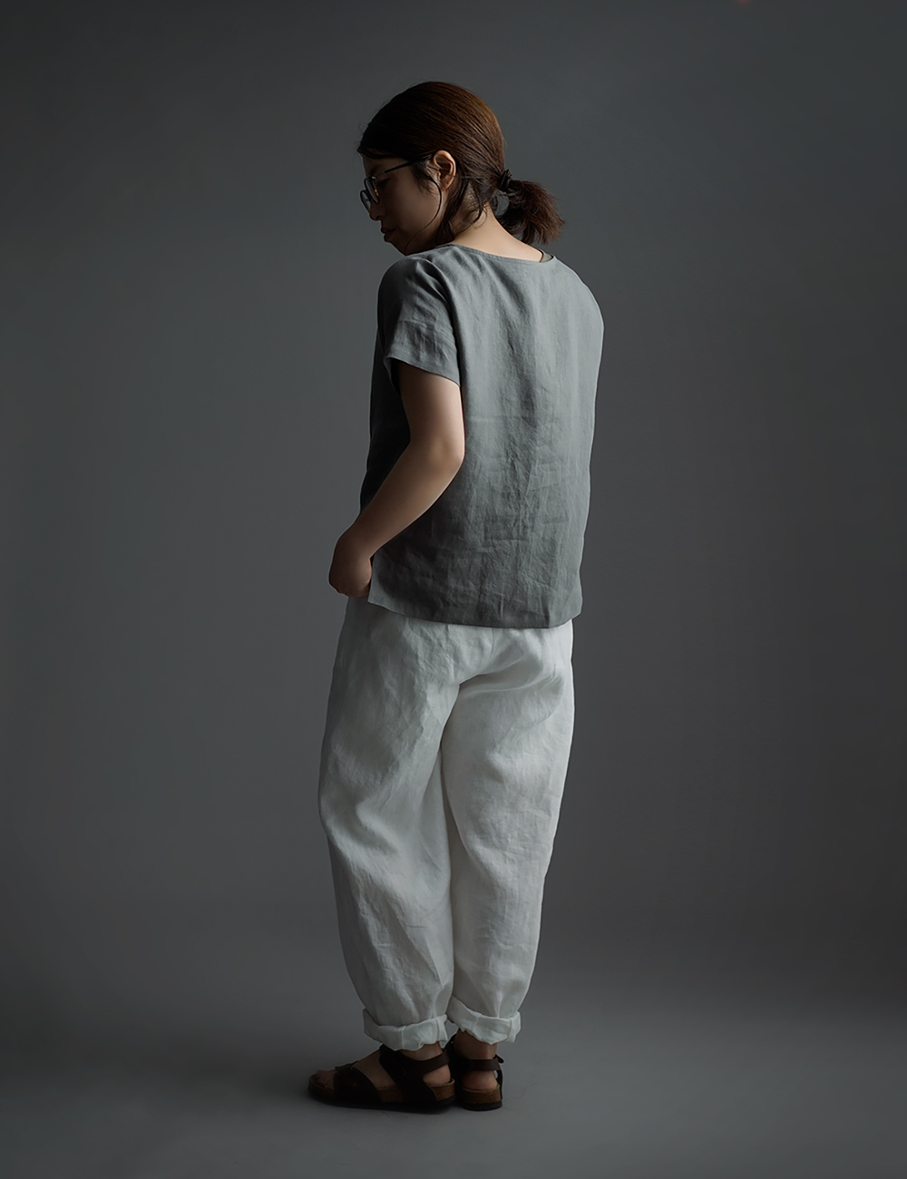 【wafu】Linen T-shirt ドロップショルダー Tシャツ　/鈍色(にびいろ) t001l-nib1
