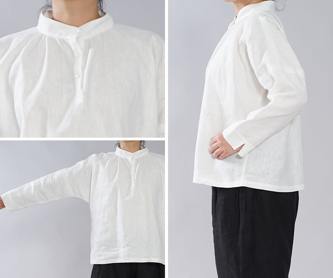 【wafu】中厚 リネン ブラウス スタンドカラー ドロップショルダー シンプル 長袖 シャツ チュニック / ホワイト【M-L】t005b-wht2