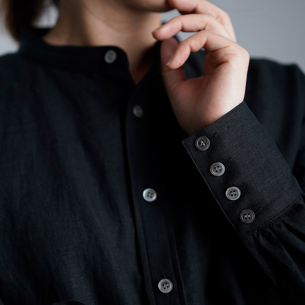 【10月27日21時～販売開始】Linen Shirt  ランタンスリーブシャツ / 黒色 t007c-bck1