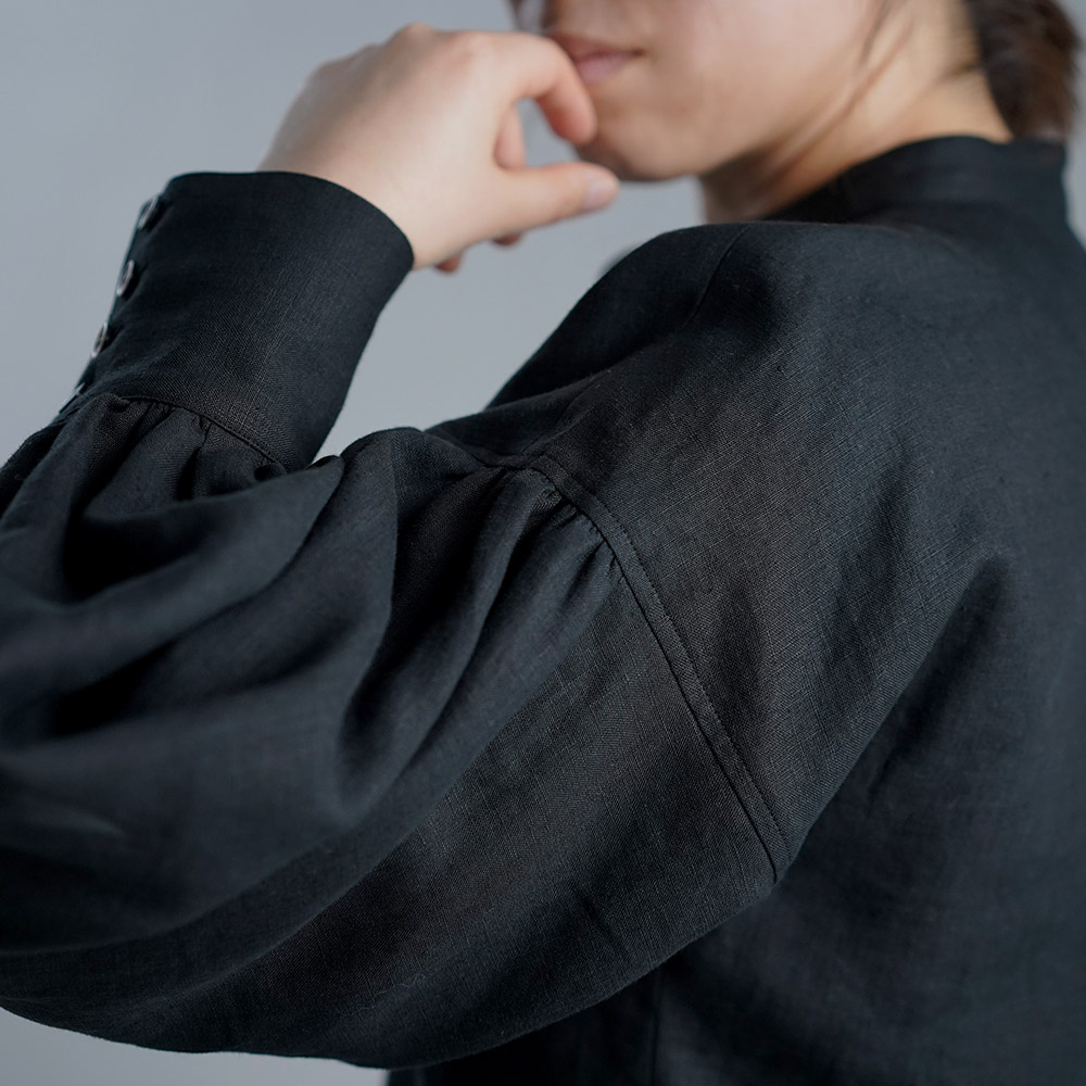 【10月27日21時～販売開始】Linen Shirt  ランタンスリーブシャツ / 黒色 t007c-bck1