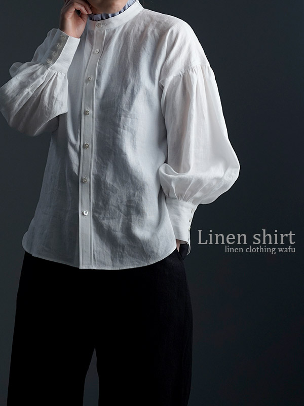 リネンシャツ】ふわんと膨らむ ランタンスリーブ / 白色 t007c-wht1