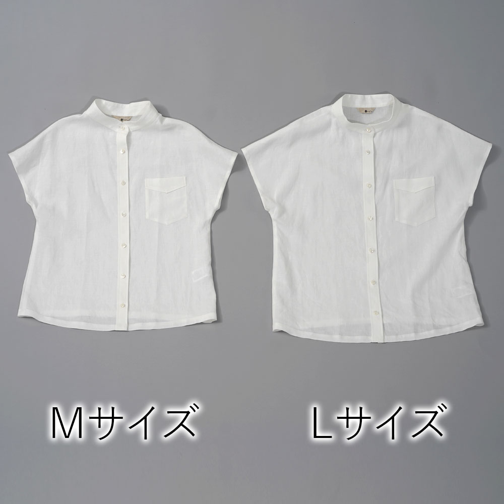 薄地 リネン フレンチスリーブ スタンドカラーシャツ /ホワイト【L】t008e-wht1