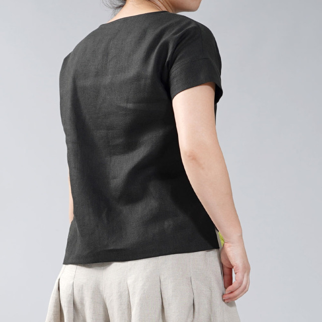 Linen top リネン Tシャツ 半袖 トップス スリット入り / ブラック t014a-bck2