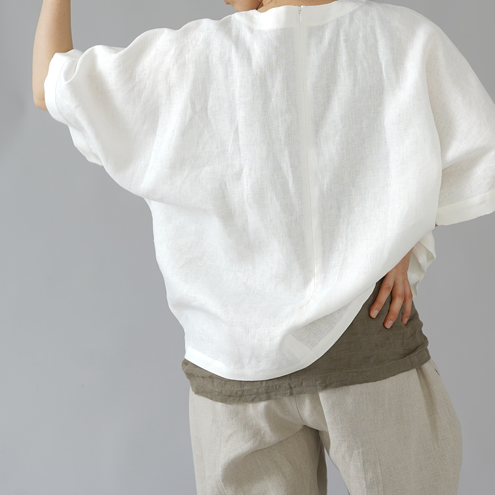 【wafu】リネン ビックサイズ Tシャツ 襟ぐり小さめ 背中ファスナー ドロップショルダー チュニック 中厚/ホワイト t016c-wht2