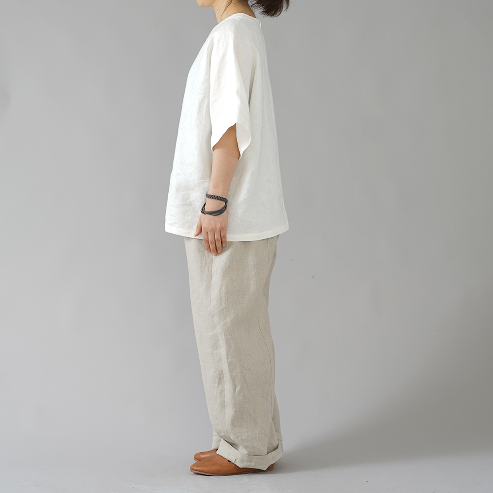 【wafu】リネン ビックサイズ Tシャツ 襟ぐり小さめ 背中ファスナー ドロップショルダー チュニック 中厚/ホワイト t016c-wht2