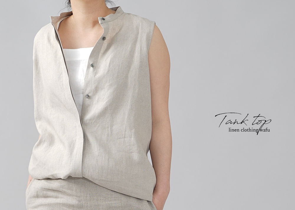 Linen blouse リネン 比翼ブラウス スタンドカラー シャツ ノースリーブ / 亜麻ナチュラル t018b-amn1