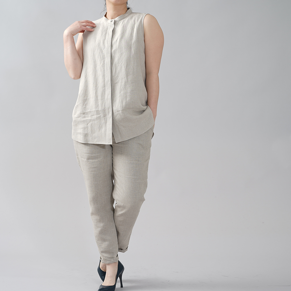 Linen blouse リネン 比翼ブラウス スタンドカラー シャツ ノースリーブ / 亜麻ナチュラル t018b-amn1