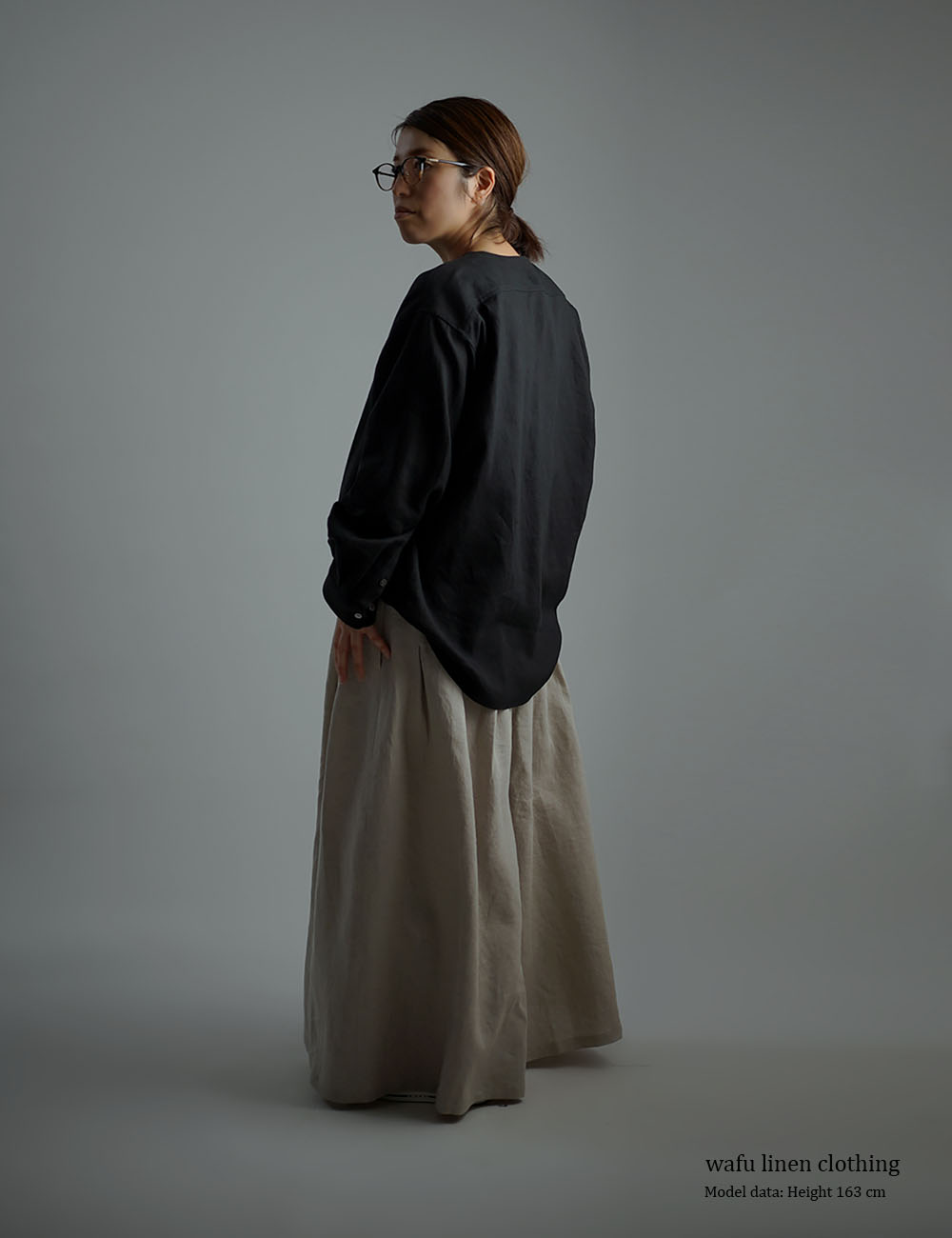 【wafu】Oversized Linen shirt　比翼ビックシャツ 男女兼用 / 黒色 t021e-bck1