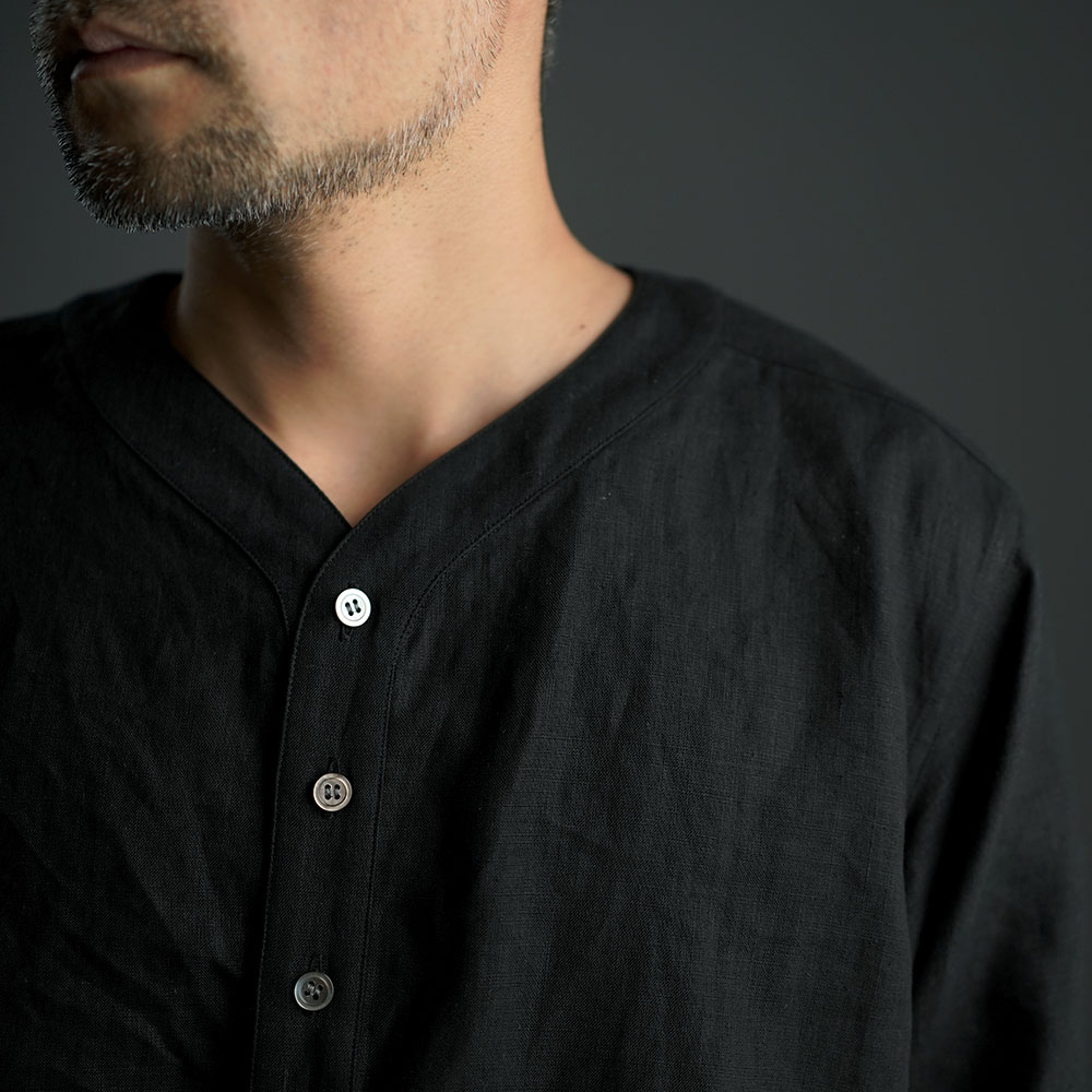 【wafu】Linen Shirt　スリーピングシャツ 男女兼用 / 黒色 t030c-bck1